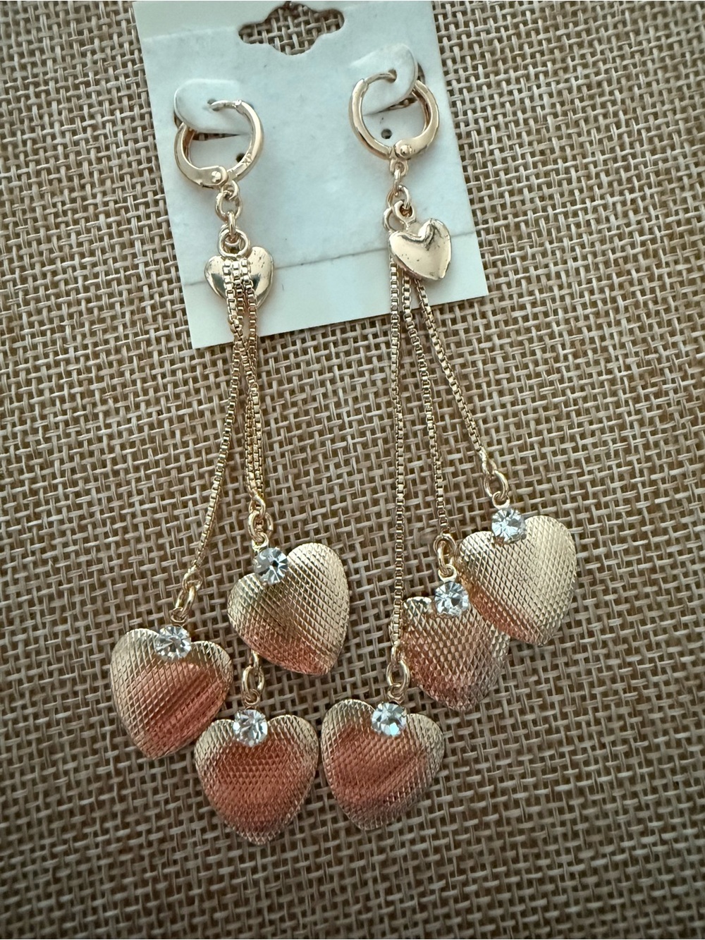 Gold Heart Dangle Earrings with Crystal Accent